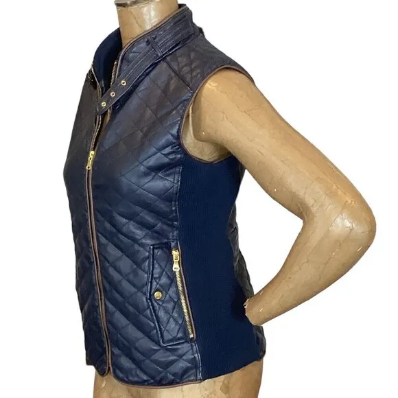 Fate Rowen Faux Leather Quilted Zip Vest Navy Blue Sz S #298J