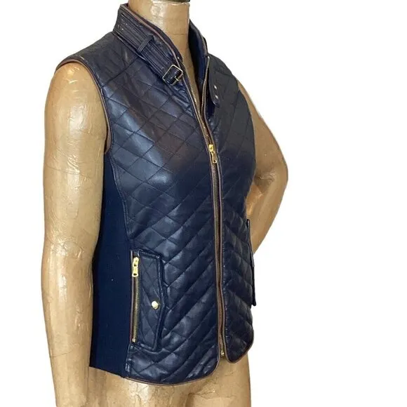 Fate Rowen Faux Leather Quilted Zip Vest Navy Blue Sz S #298J