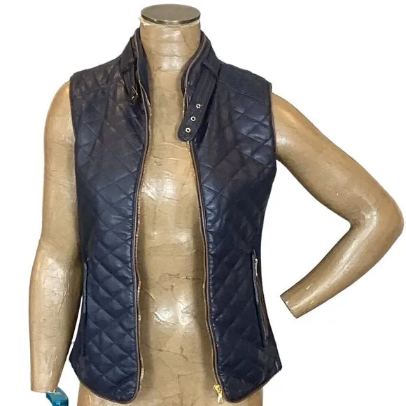 Fate Rowen Faux Leather Quilted Zip Vest Navy Blue Sz S #298J