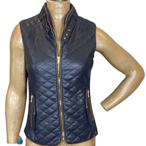 Fate Rowen Faux Leather Quilted Zip Vest Navy Blue Sz S #298J