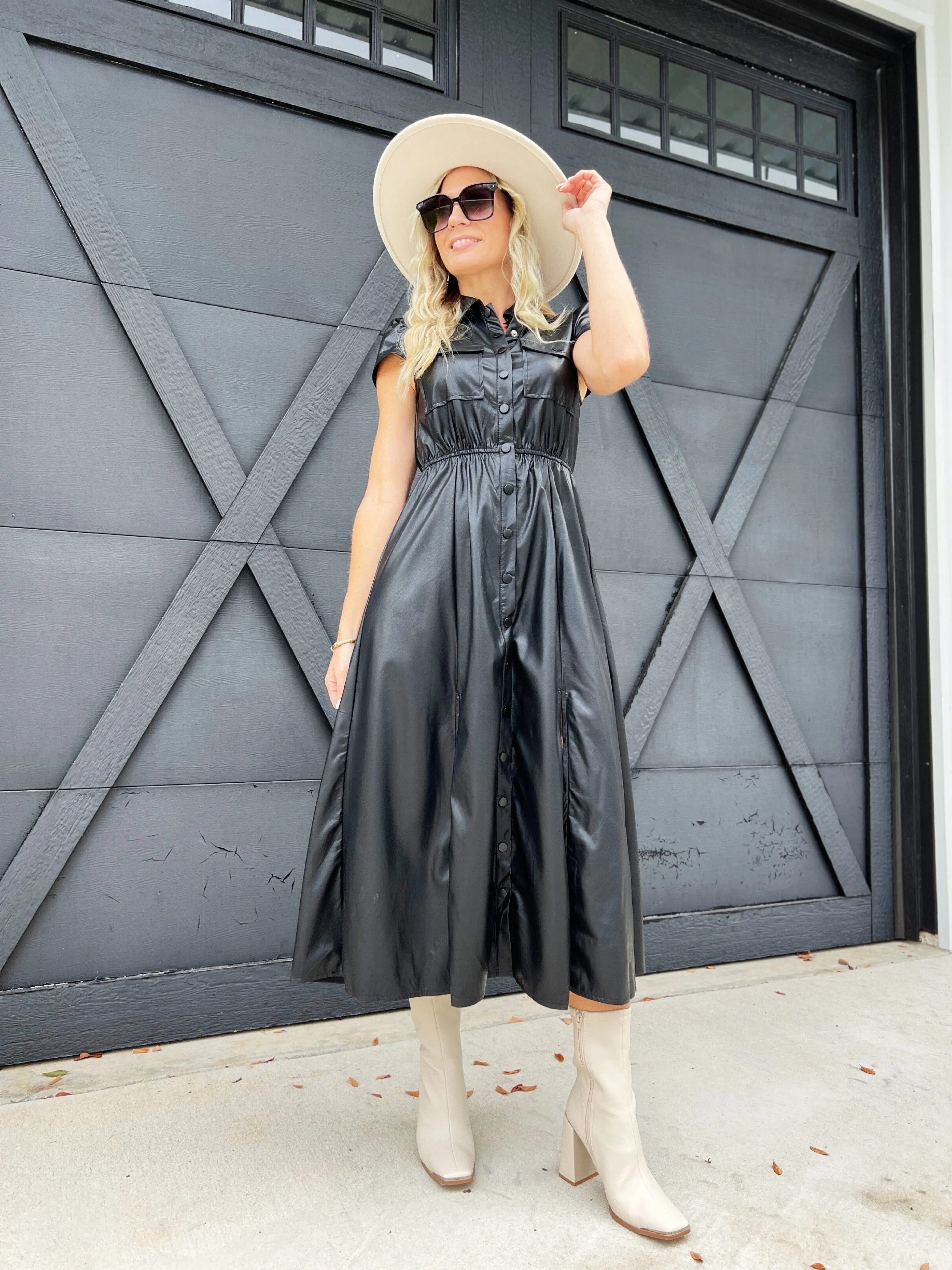 Faux Leather Midi Dress-Black