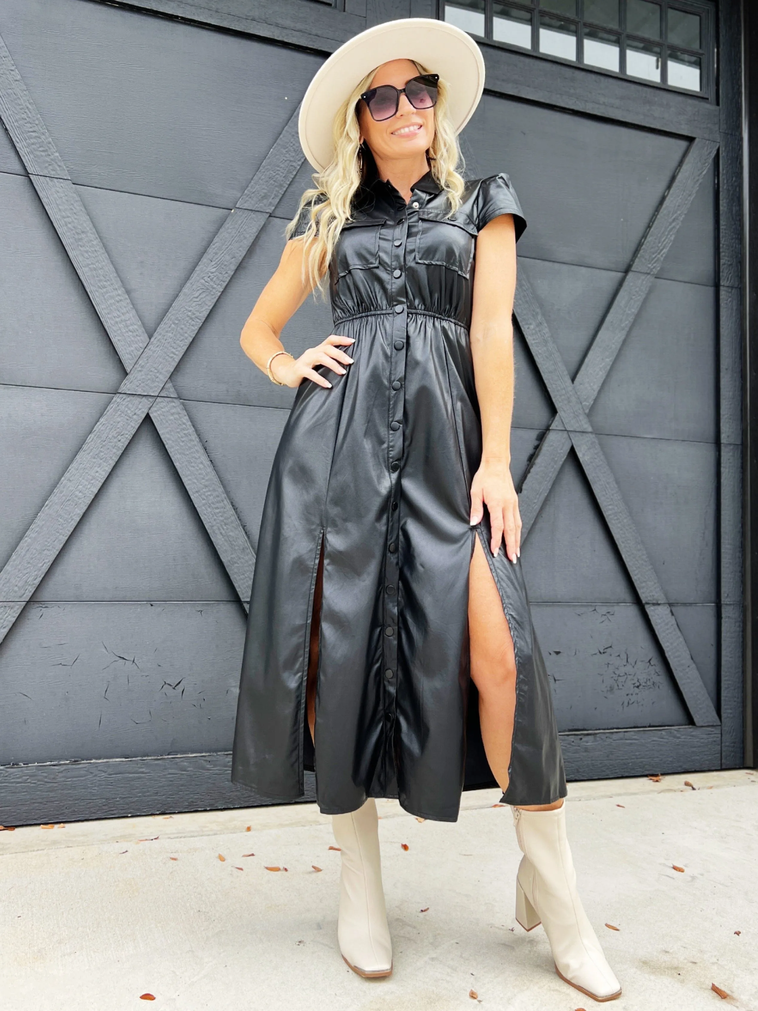 Faux Leather Midi Dress-Black