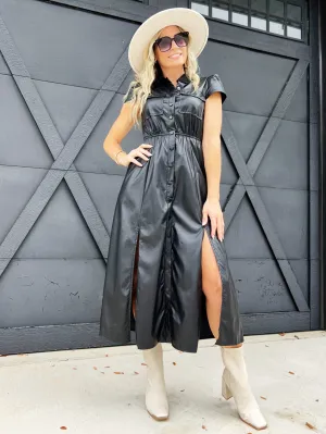 Faux Leather Midi Dress-Black