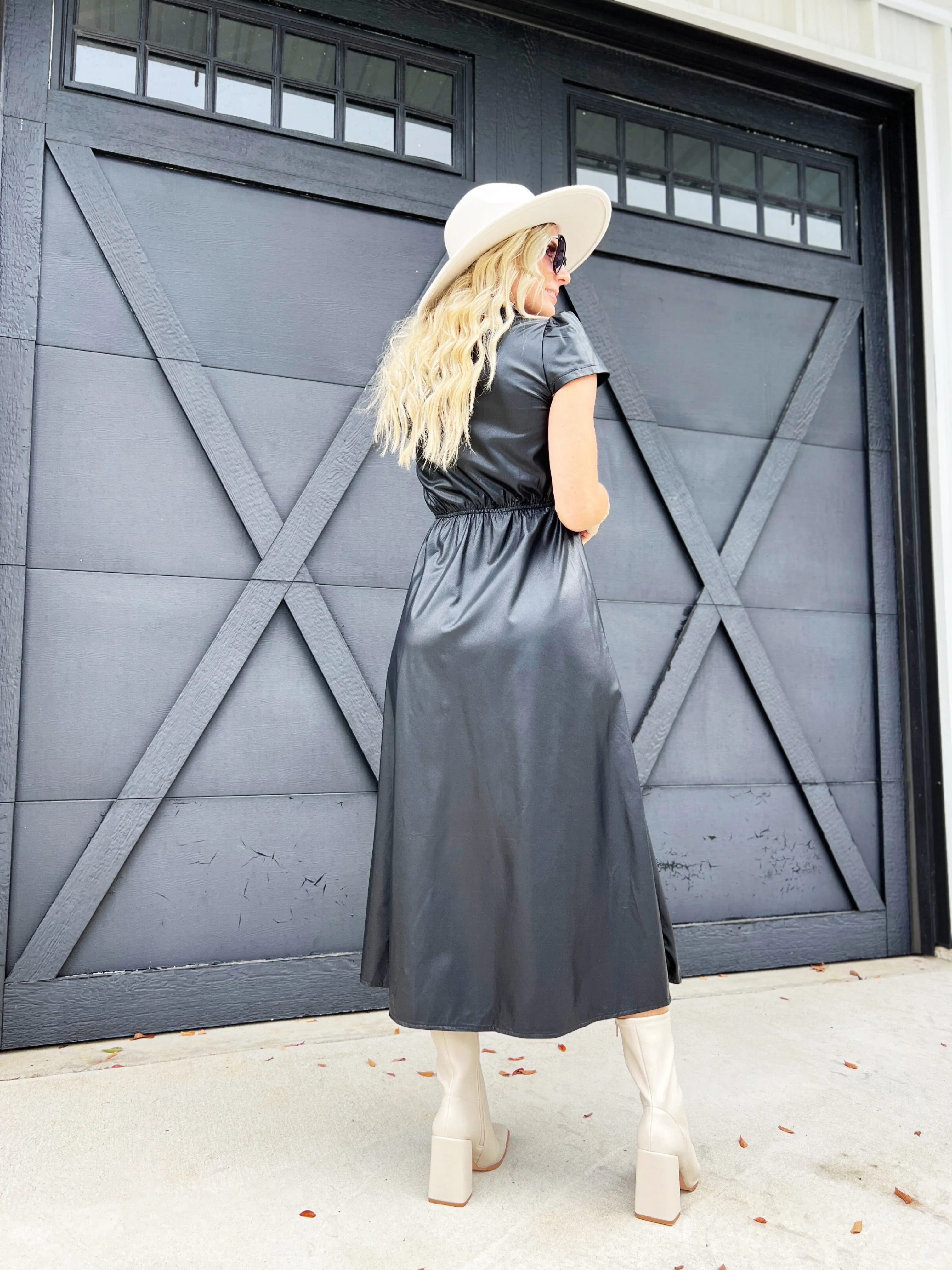 Faux Leather Midi Dress-Black
