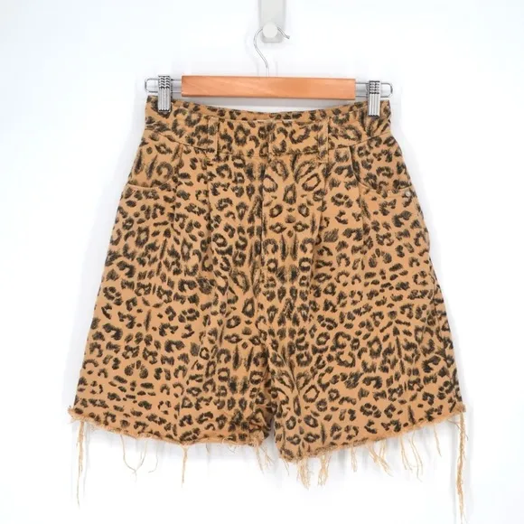 Free People We The Free Cheetah Print Long Cut Off Shorts Fray Hem Tan 24
