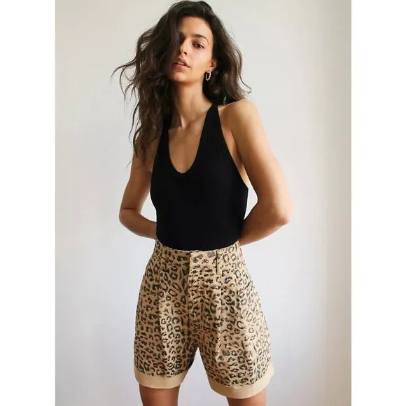 Free People We The Free Cheetah Print Long Cut Off Shorts Fray Hem Tan 24