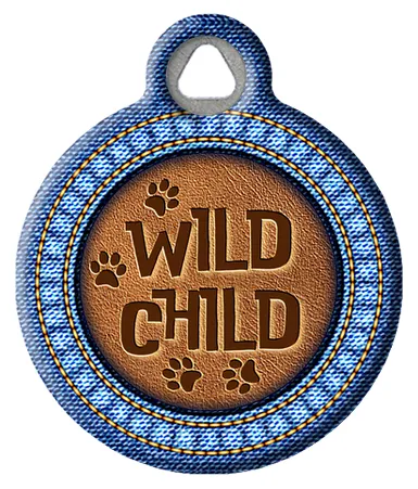 Funny Denim and Faux Leather Wild Child with Pawprints ID Tag