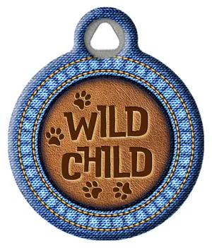 Funny Denim and Faux Leather Wild Child with Pawprints ID Tag