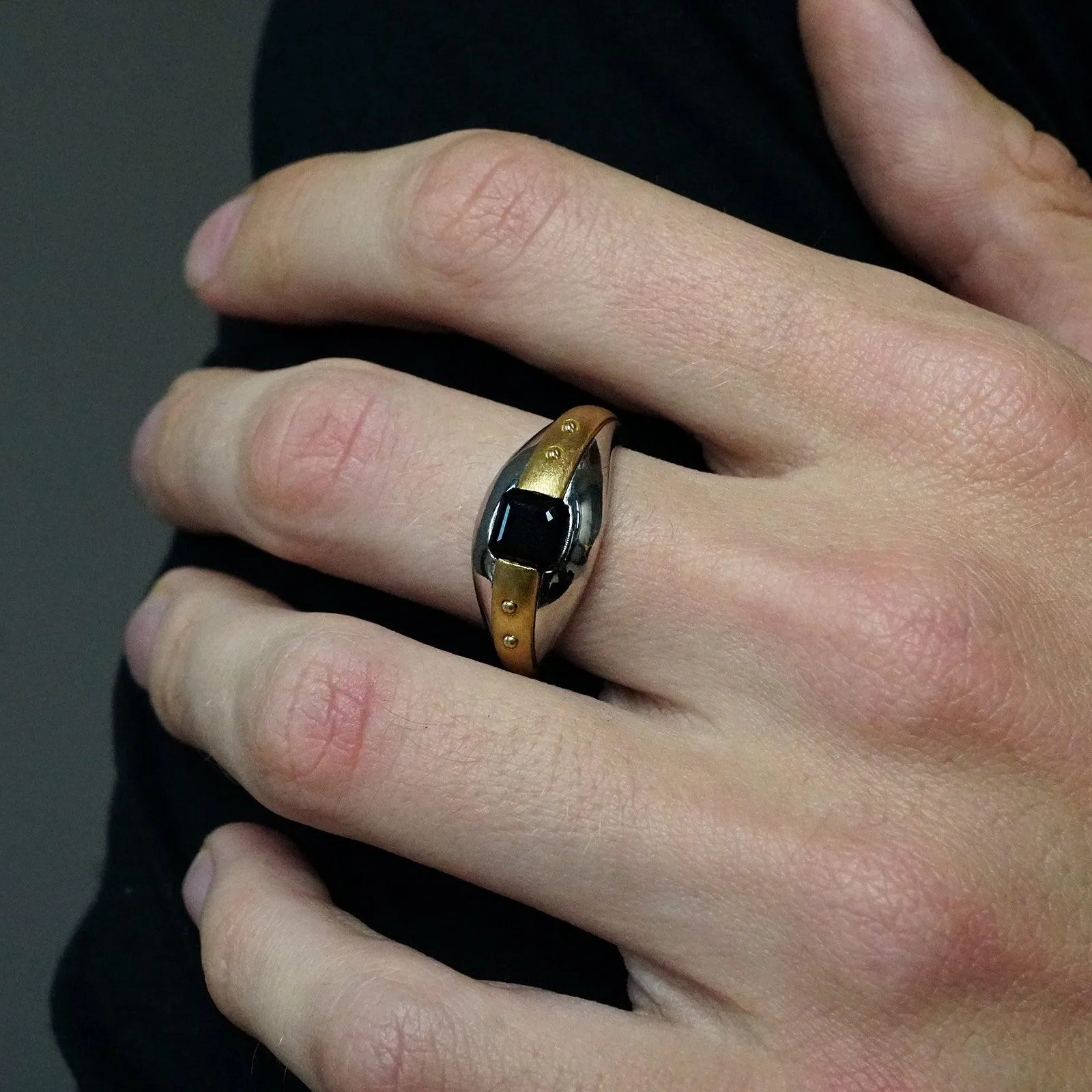 Futuristic Black Onyx Ring in 14K Gold, 11mm