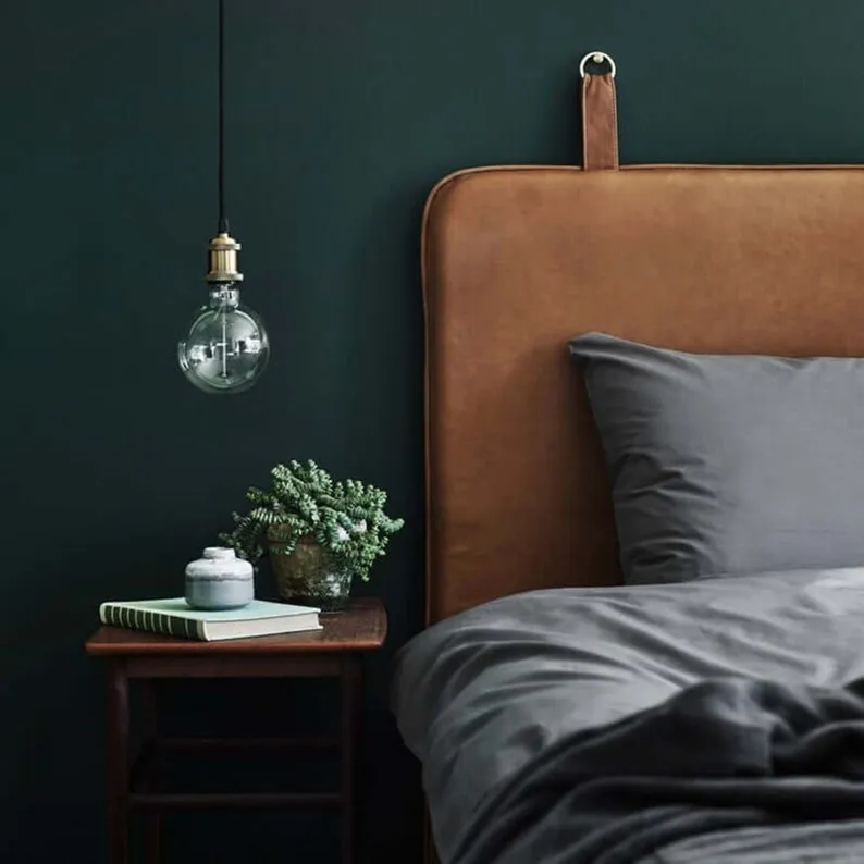 Genuine Leather Hanging Headboard - Leather Headboard - Bedroom Wall Décor Over the Bed - Hanging Leather with Strap and Brass Ring - High Quality