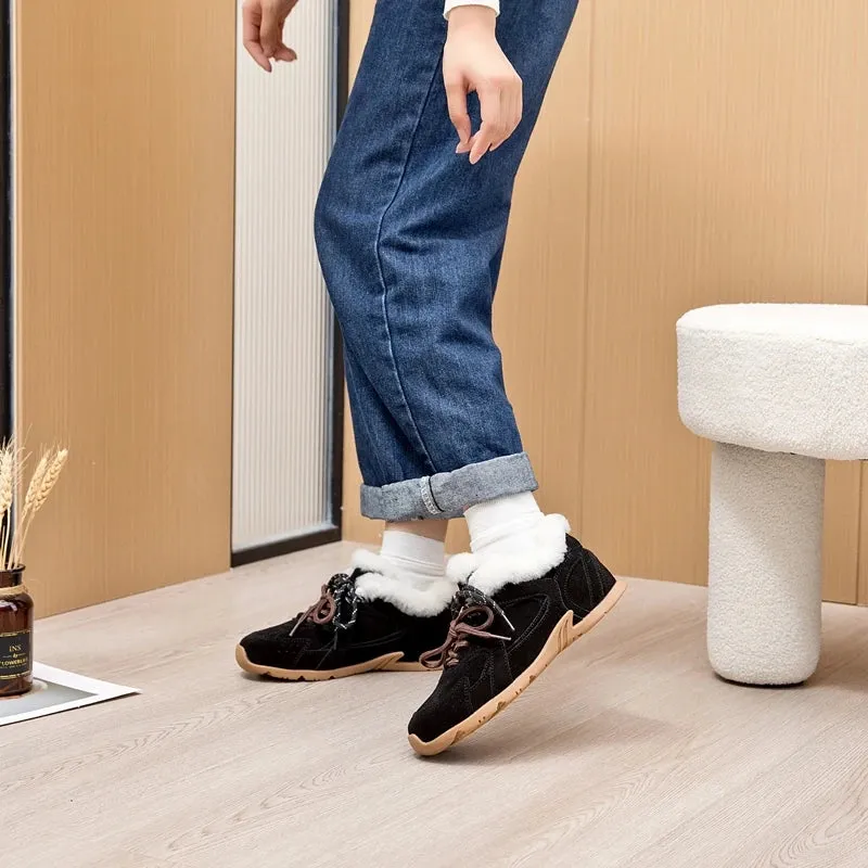Genuine Leather Retro German Training Shoes - Women’s Winter Velvet Fur Flat Casual Sneakers, New Collection