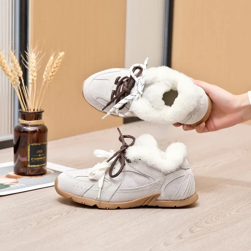 Genuine Leather Retro German Training Shoes - Women’s Winter Velvet Fur Flat Casual Sneakers, New Collection
