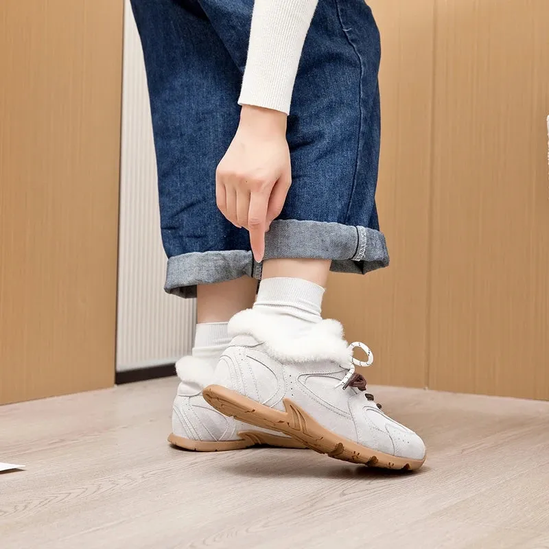 Genuine Leather Retro German Training Shoes - Women’s Winter Velvet Fur Flat Casual Sneakers, New Collection