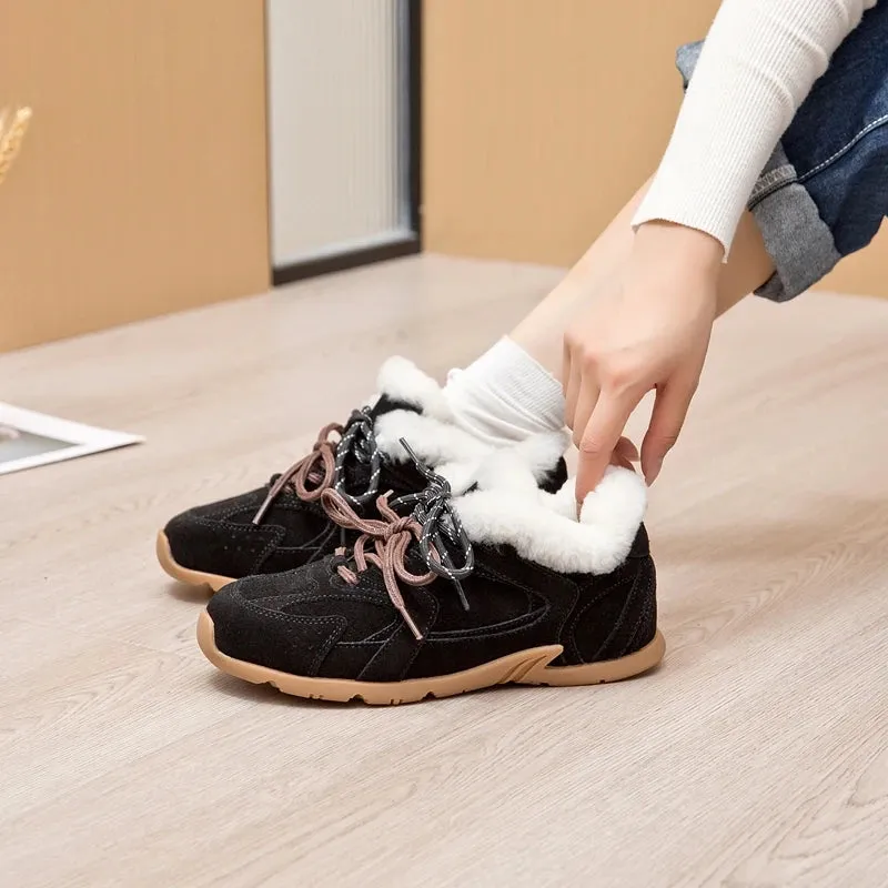 Genuine Leather Retro German Training Shoes - Women’s Winter Velvet Fur Flat Casual Sneakers, New Collection