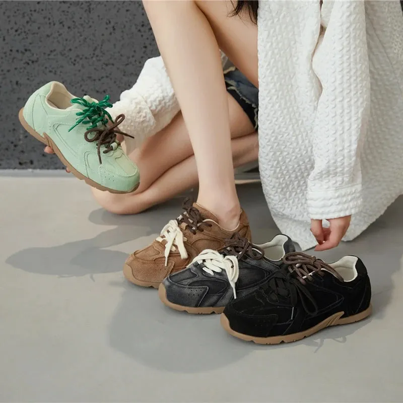Genuine Leather Retro German Training Shoes - Women’s Winter Velvet Fur Flat Casual Sneakers, New Collection