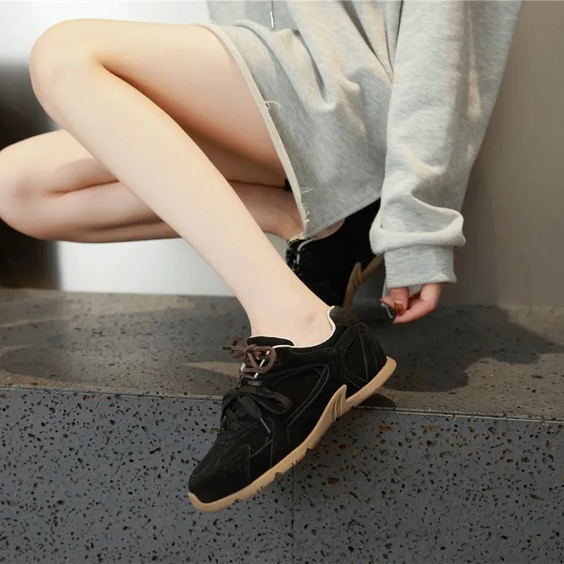 Genuine Leather Retro German Training Shoes - Women’s Winter Velvet Fur Flat Casual Sneakers, New Collection