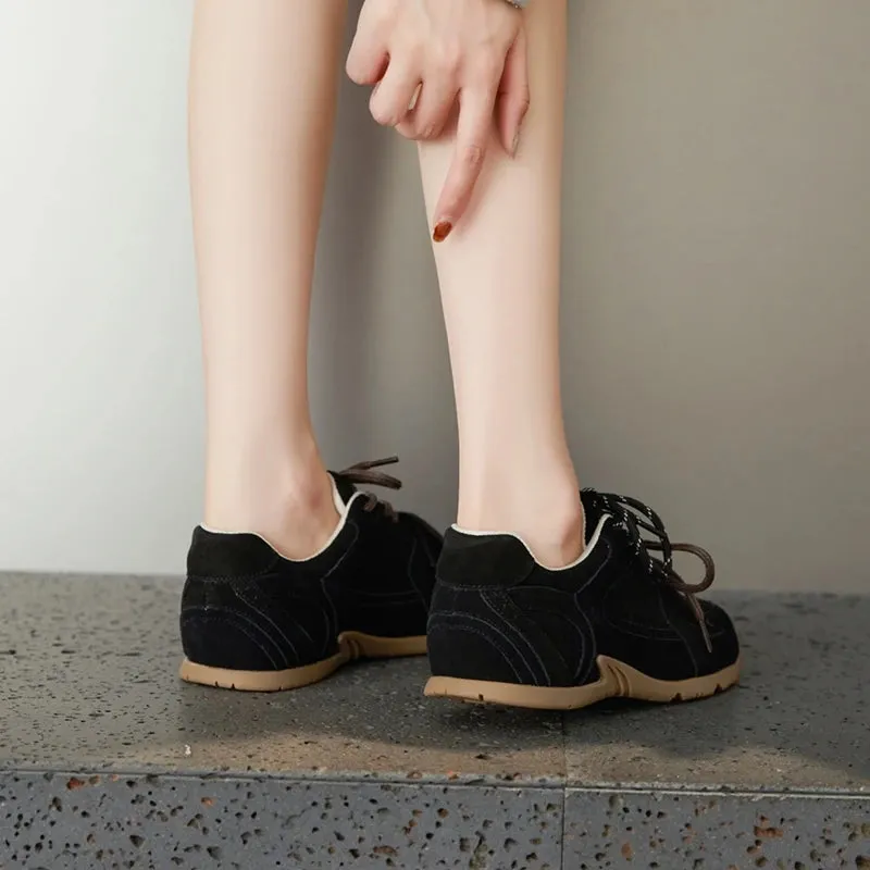 Genuine Leather Retro German Training Shoes - Women’s Winter Velvet Fur Flat Casual Sneakers, New Collection
