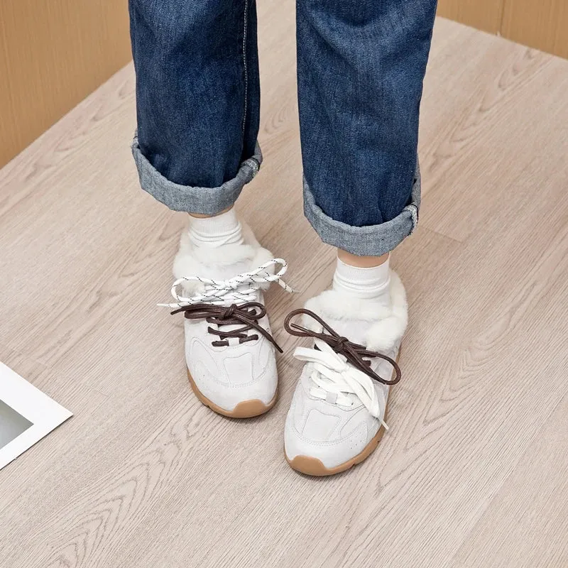 Genuine Leather Retro German Training Shoes - Women’s Winter Velvet Fur Flat Casual Sneakers, New Collection