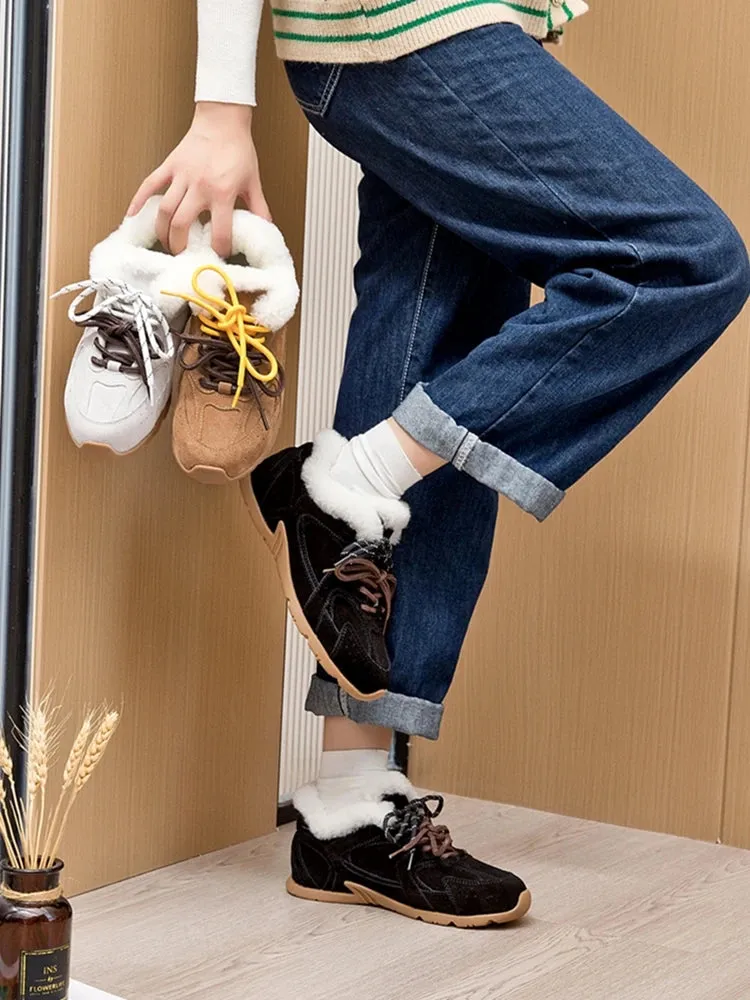 Genuine Leather Retro German Training Shoes - Women’s Winter Velvet Fur Flat Casual Sneakers, New Collection