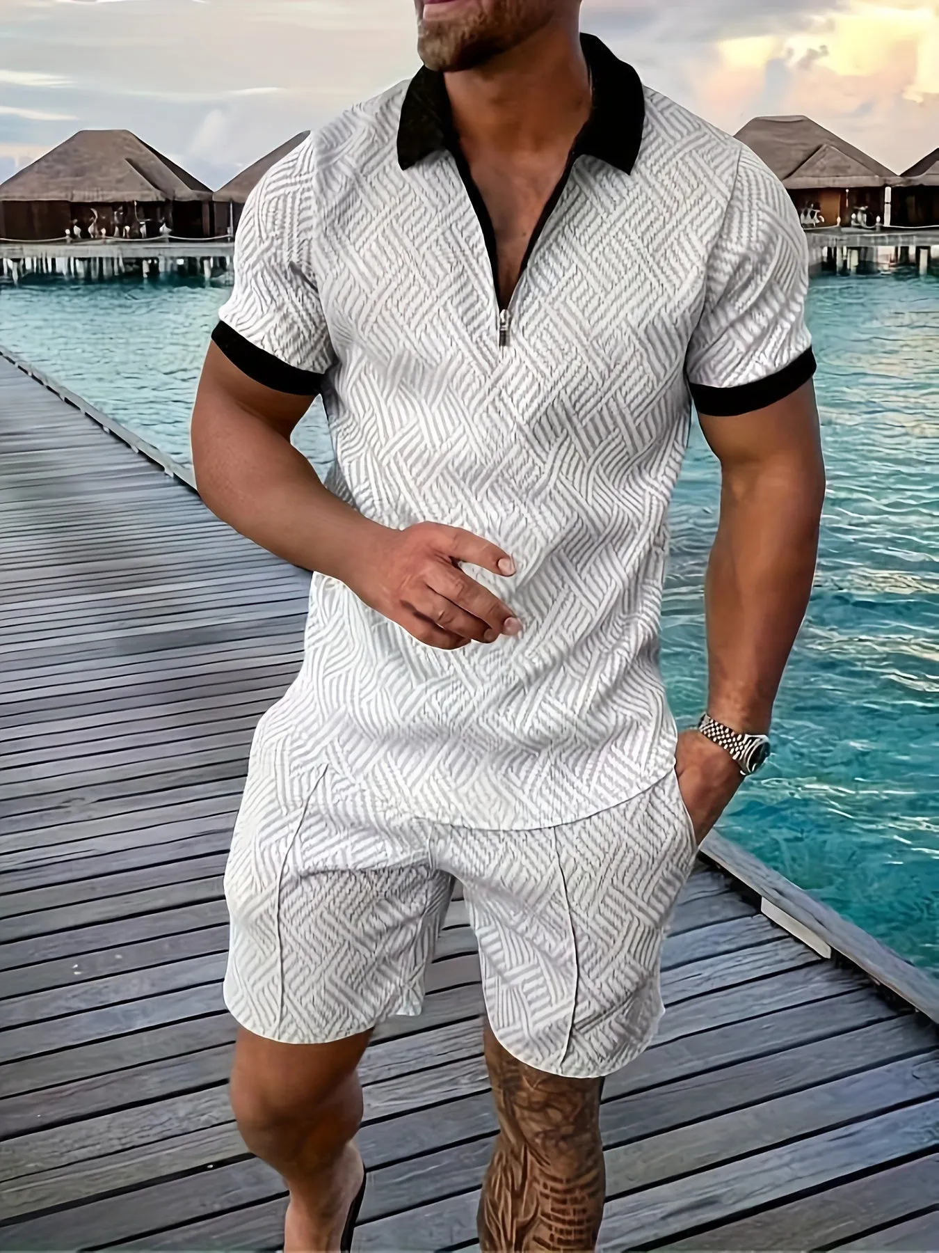 GeoFlex™ | Men's Geometric Zip-Up Short Set | Lightweight Fabric, Stylish Design & Comfortable Fit