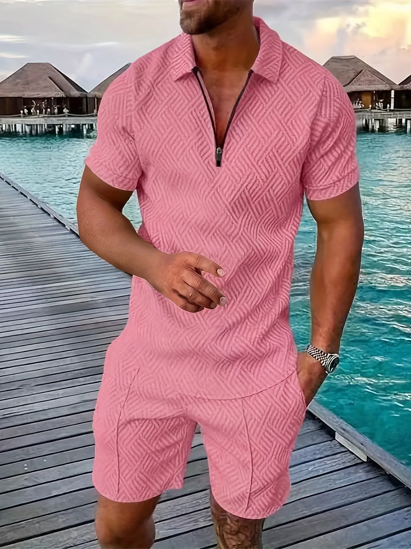 GeoFlex™ | Men's Geometric Zip-Up Short Set | Lightweight Fabric, Stylish Design & Comfortable Fit
