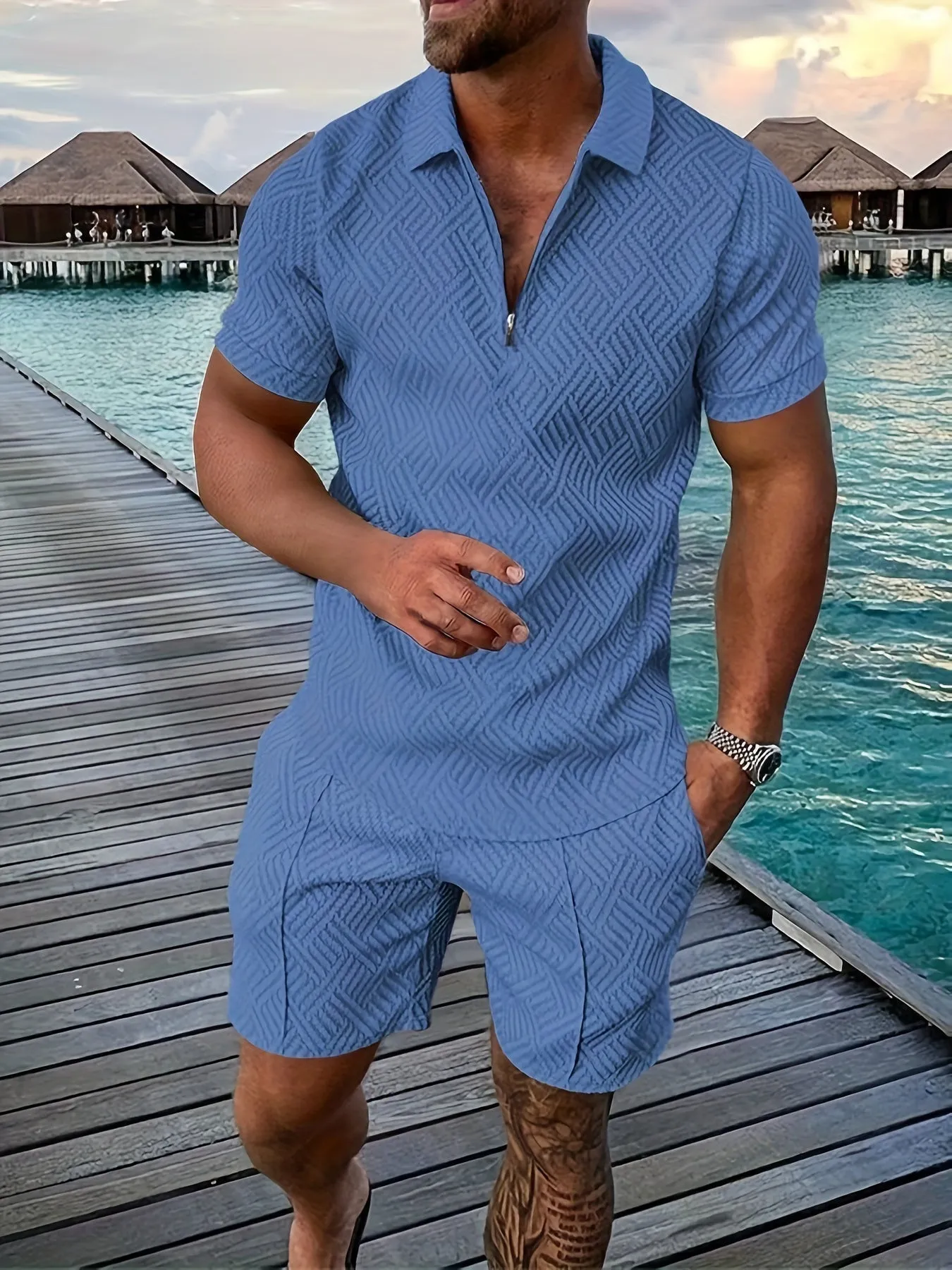 GeoFlex™ | Men's Geometric Zip-Up Short Set | Lightweight Fabric, Stylish Design & Comfortable Fit