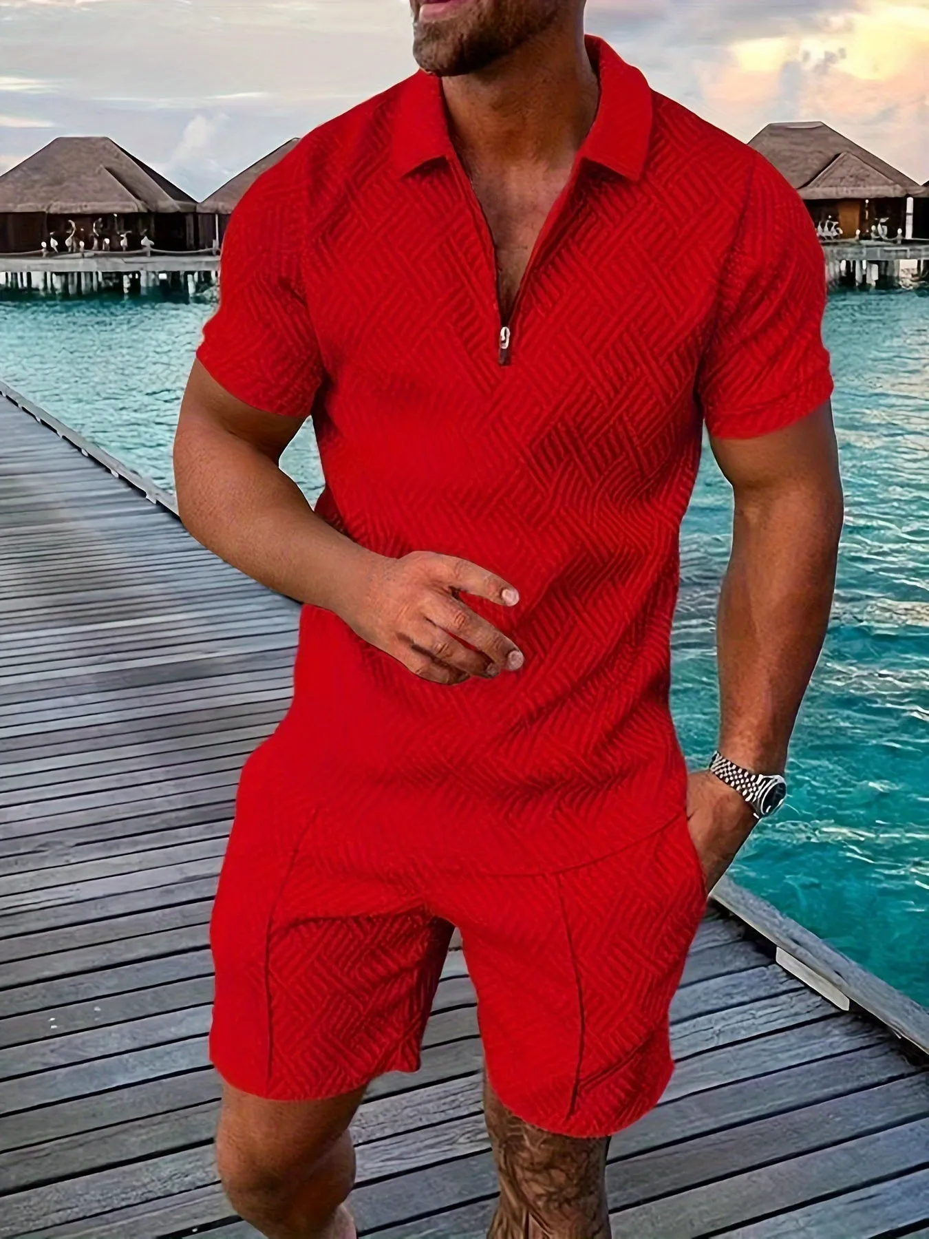 GeoFlex™ | Men's Geometric Zip-Up Short Set | Lightweight Fabric, Stylish Design & Comfortable Fit