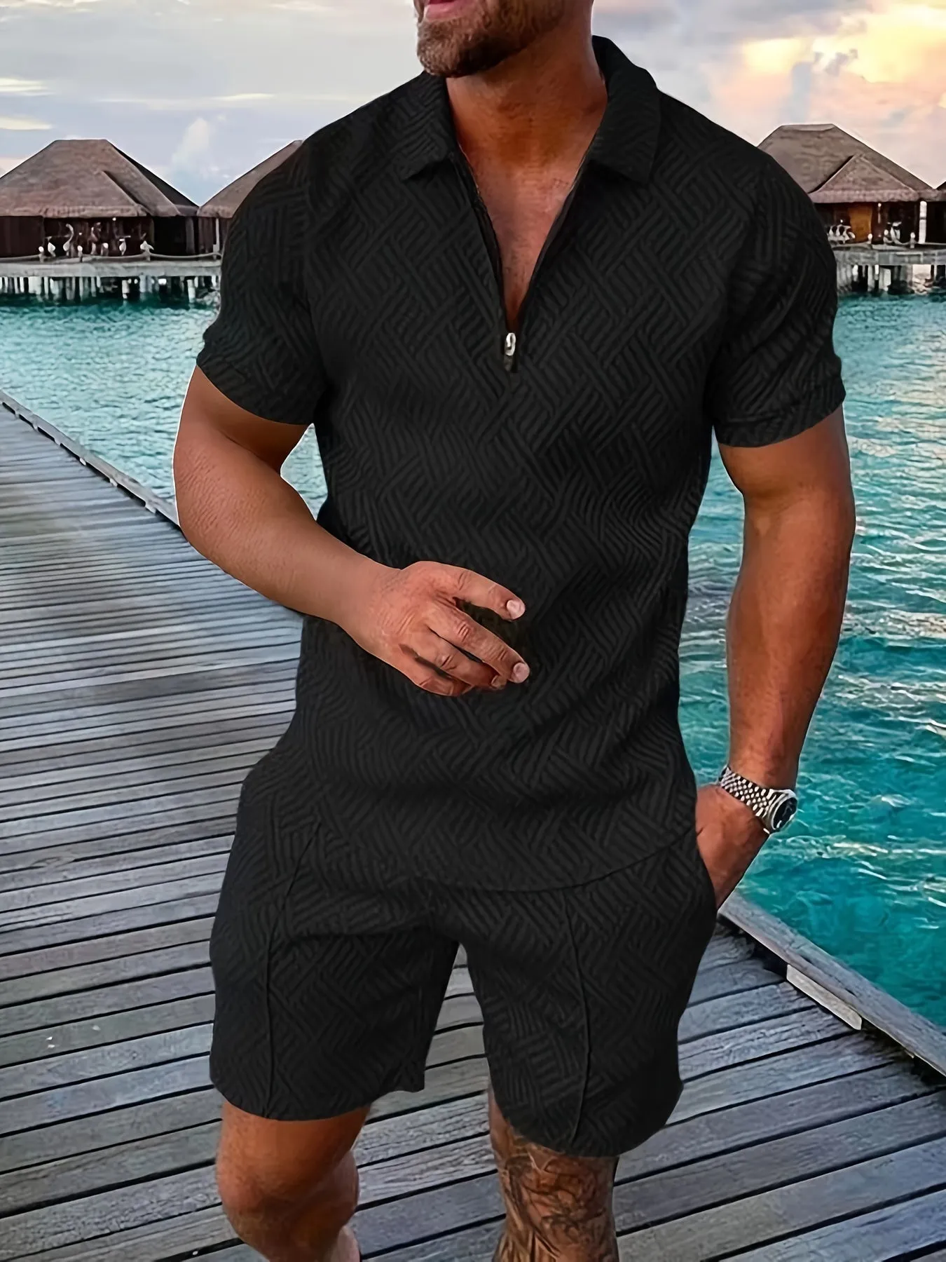 GeoFlex™ | Men's Geometric Zip-Up Short Set | Lightweight Fabric, Stylish Design & Comfortable Fit