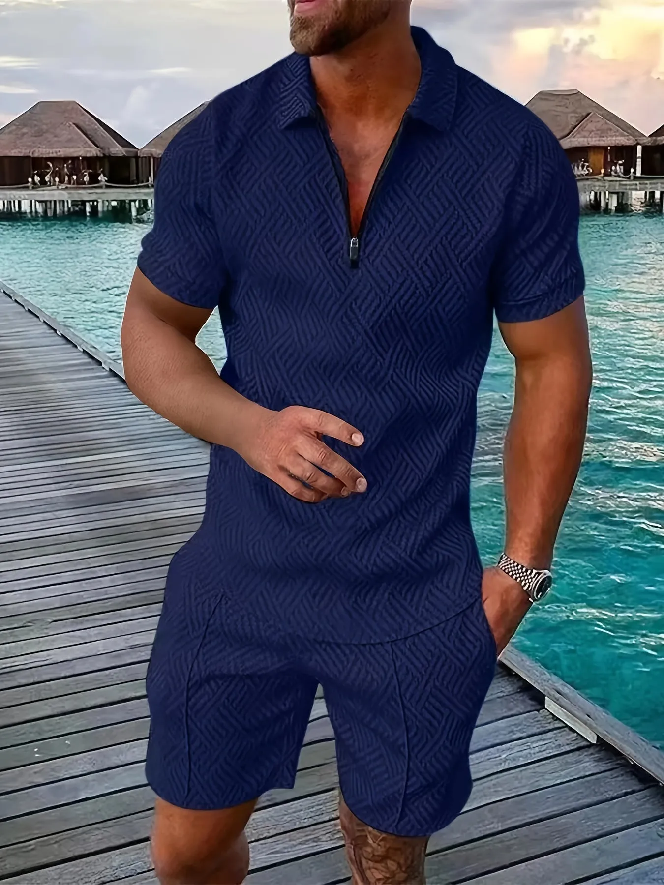 GeoFlex™ | Men's Geometric Zip-Up Short Set | Lightweight Fabric, Stylish Design & Comfortable Fit