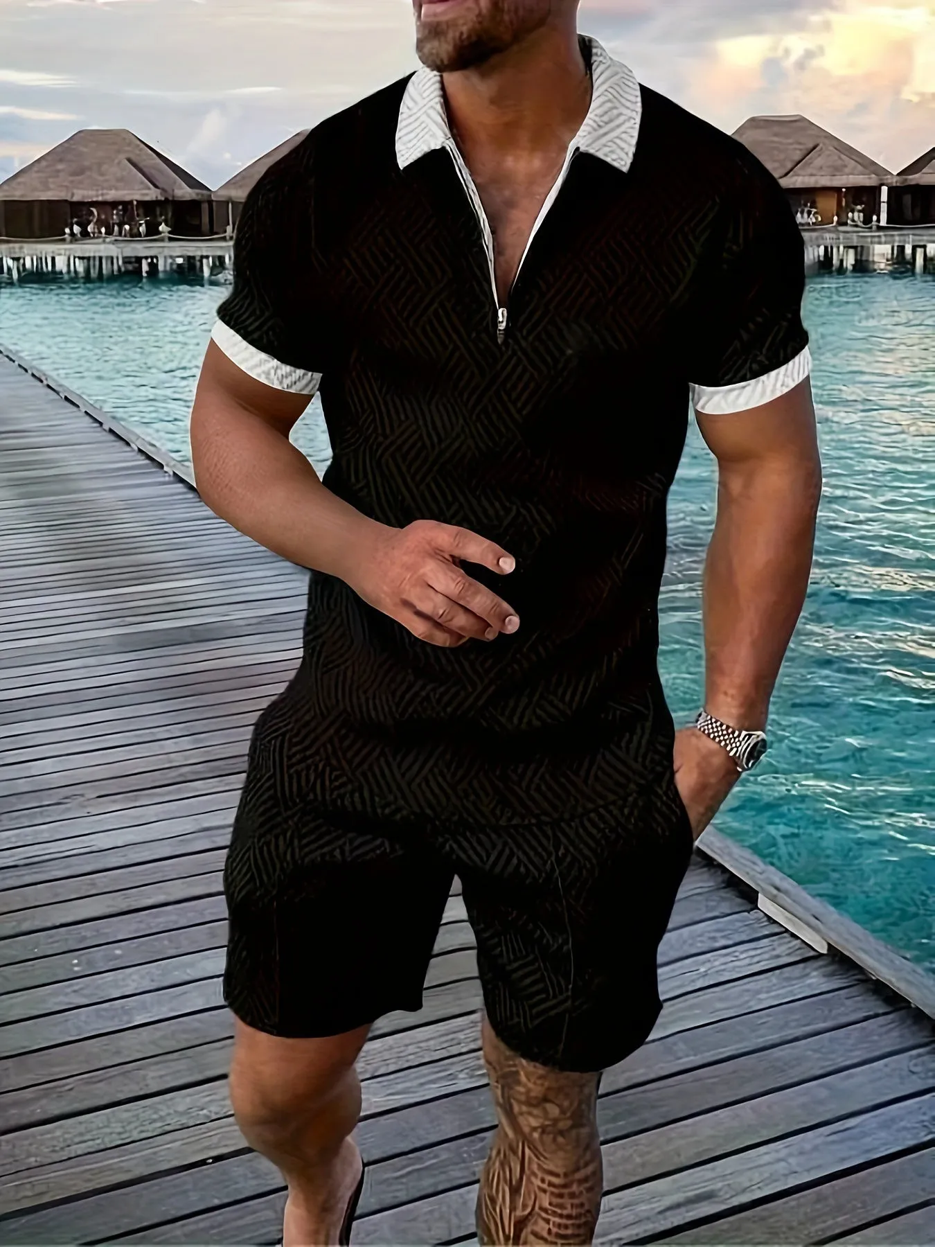 GeoFlex™ | Men's Geometric Zip-Up Short Set | Lightweight Fabric, Stylish Design & Comfortable Fit