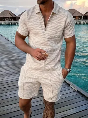 GeoFlex™ | Men's Geometric Zip-Up Short Set | Lightweight Fabric, Stylish Design & Comfortable Fit