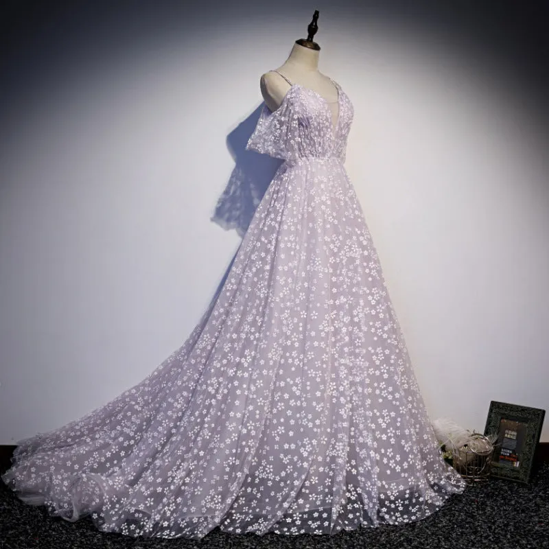 Glam Floral Tulle Off Shoulder Long Party Dress Formal Dress, Tulle Wedding Party Dresses