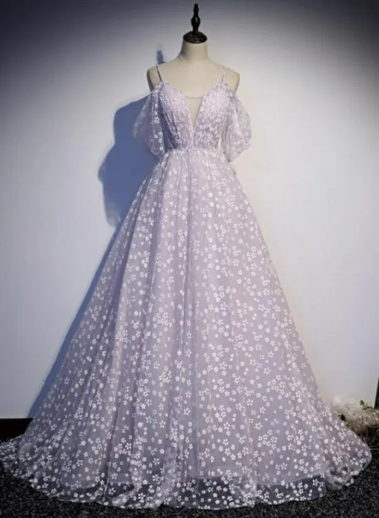 Glam Floral Tulle Off Shoulder Long Party Dress Formal Dress, Tulle Wedding Party Dresses