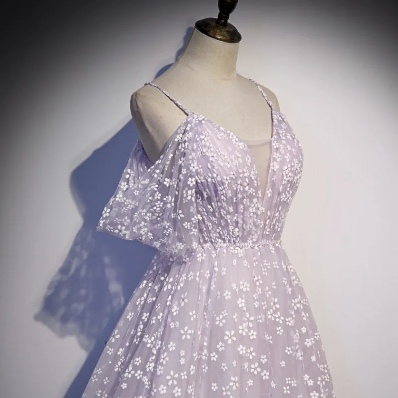Glam Floral Tulle Off Shoulder Long Party Dress Formal Dress, Tulle Wedding Party Dresses