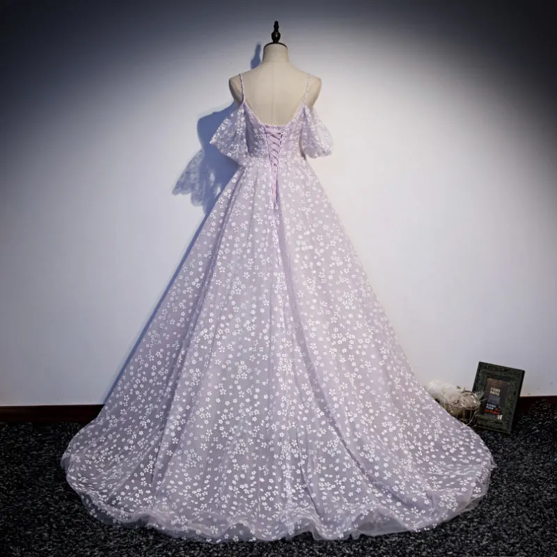 Glam Floral Tulle Off Shoulder Long Party Dress Formal Dress, Tulle Wedding Party Dresses