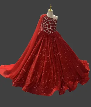Glitzly Beaded Bodice Red Formal Pageant Dress with Detachable Cape