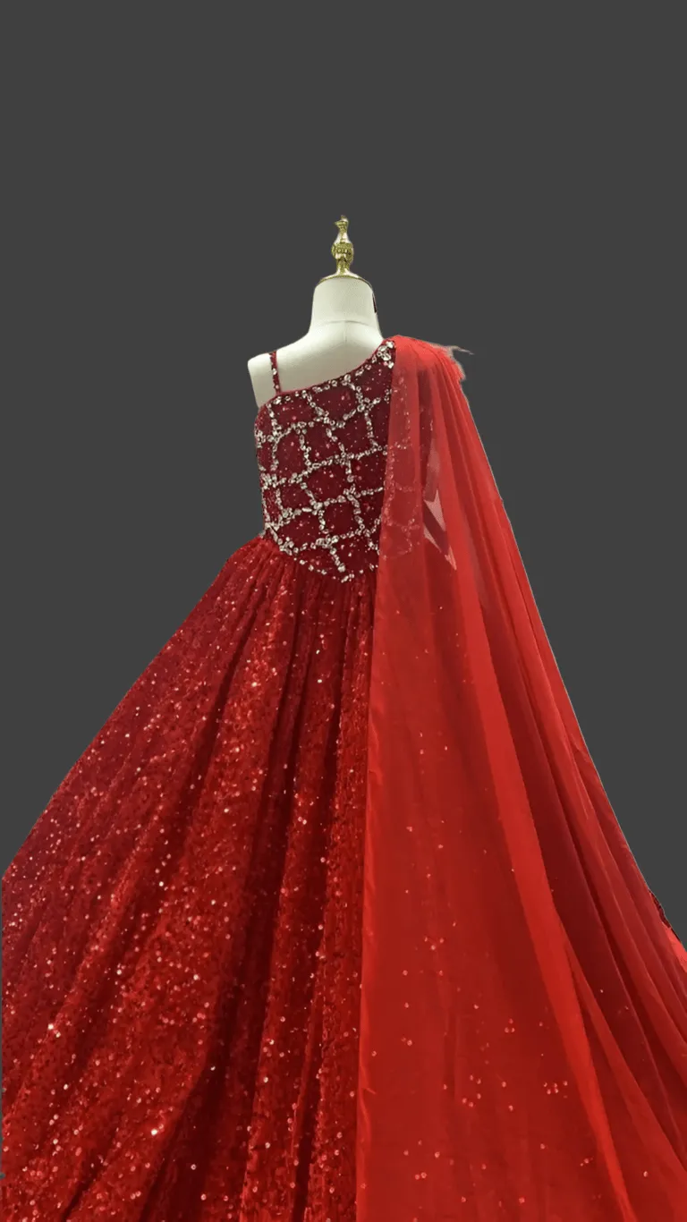 Glitzly Beaded Bodice Red Formal Pageant Dress with Detachable Cape