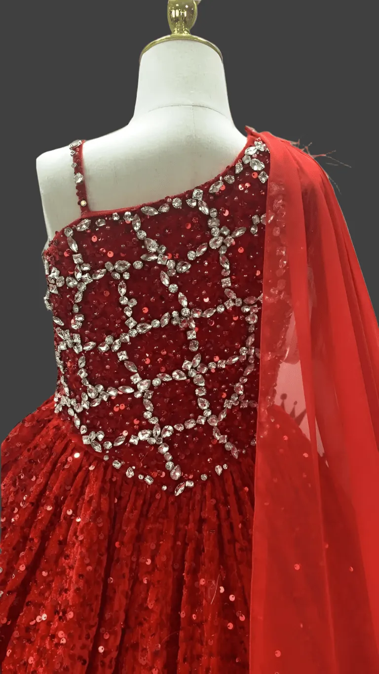 Glitzly Beaded Bodice Red Formal Pageant Dress with Detachable Cape