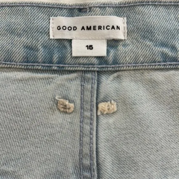Good American Good 90's Drawstring Denim Shorts Raw Hem NEW Size 15 (not juniors