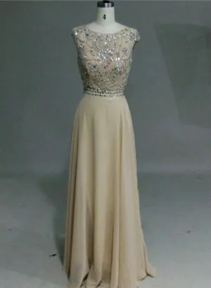 Gorgeous Beaded Backless Champagne Chiffon Long Prom Dress, Junior Prom Dress