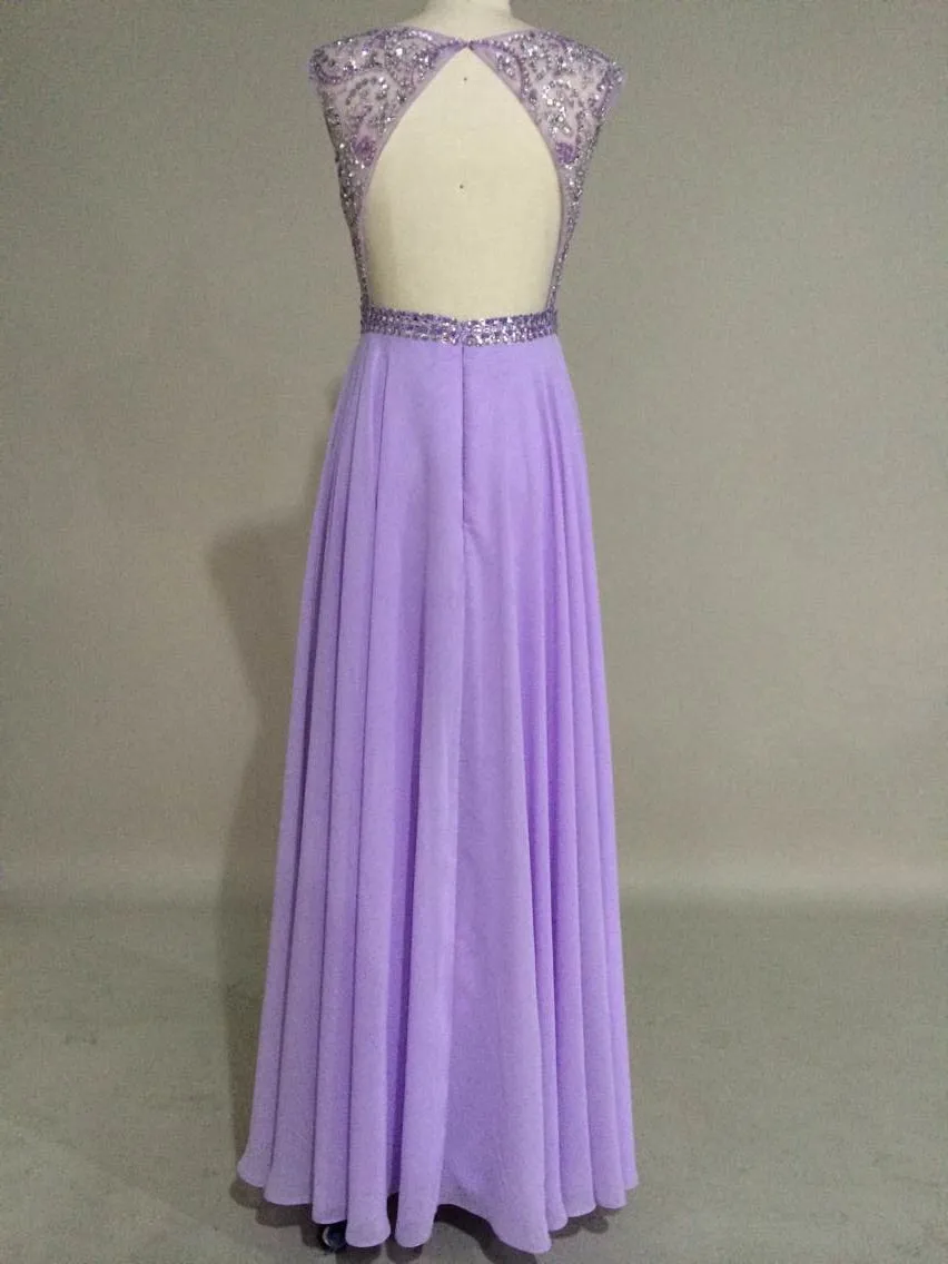 Gorgeous Beaded Backless Champagne Chiffon Long Prom Dress, Junior Prom Dress