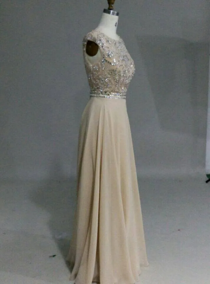 Gorgeous Beaded Backless Champagne Chiffon Long Prom Dress, Junior Prom Dress