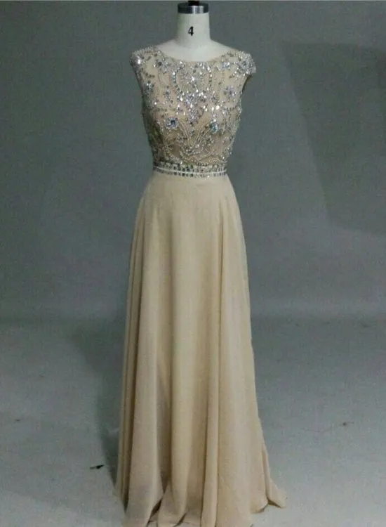 Gorgeous Beaded Backless Champagne Chiffon Long Prom Dress, Junior Prom Dress