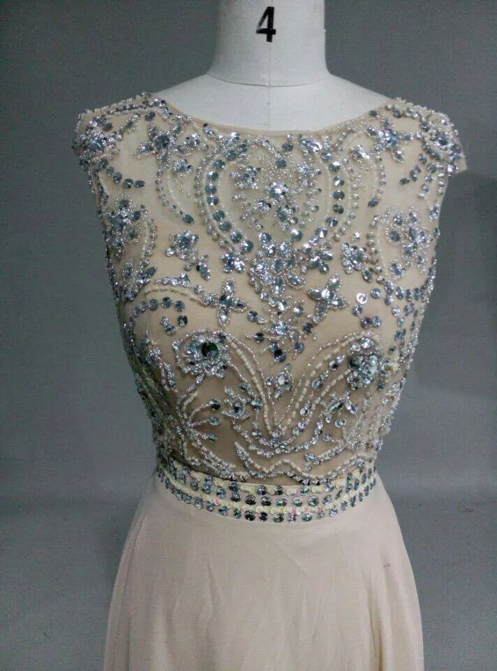 Gorgeous Beaded Backless Champagne Chiffon Long Prom Dress, Junior Prom Dress