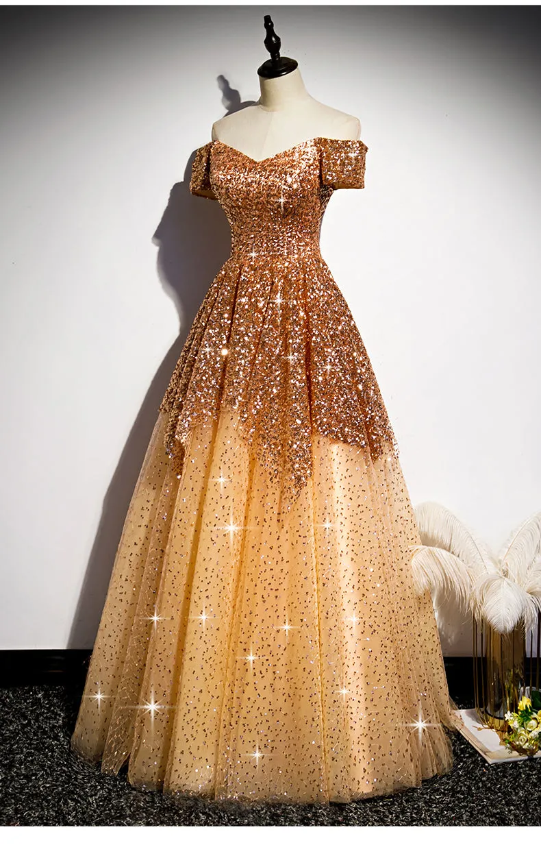 Gorgeous Gold Sequins Long Formal Gown, A-line Golden Tulle Prom Dress