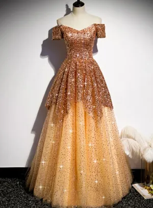 Gorgeous Gold Sequins Long Formal Gown, A-line Golden Tulle Prom Dress