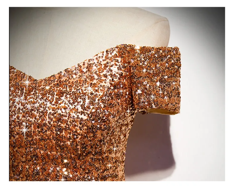 Gorgeous Gold Sequins Long Formal Gown, A-line Golden Tulle Prom Dress