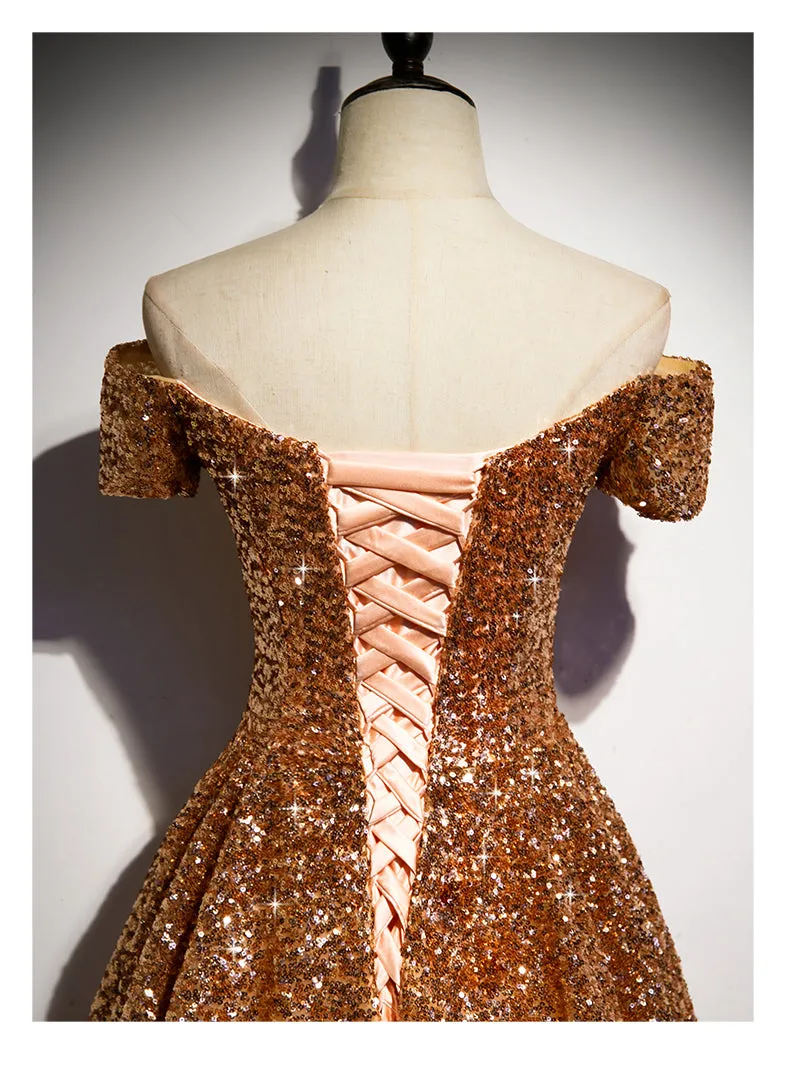 Gorgeous Gold Sequins Long Formal Gown, A-line Golden Tulle Prom Dress