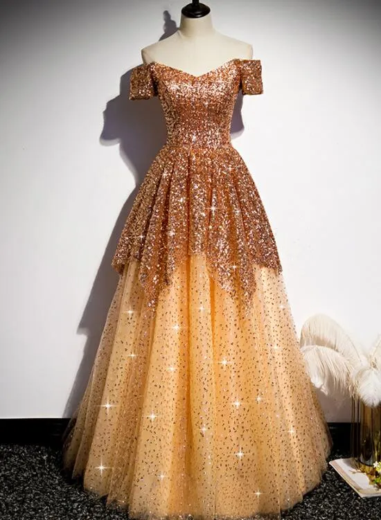 Gorgeous Gold Sequins Long Formal Gown, A-line Golden Tulle Prom Dress