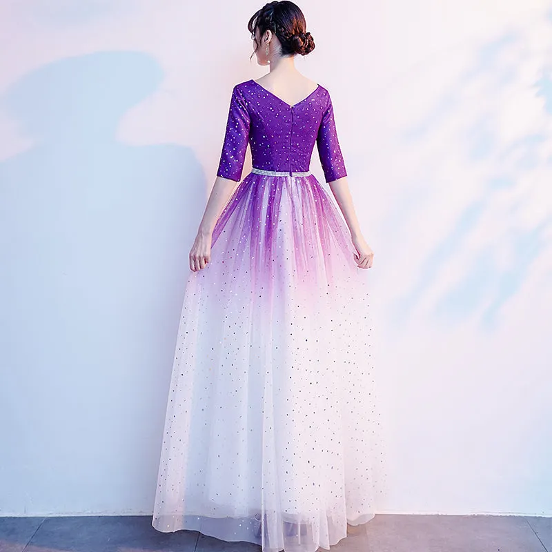 Gradient Purple and White V-neckline Short Sleeves Party Dresses, A-line Floor Length Bridesmaid Dress